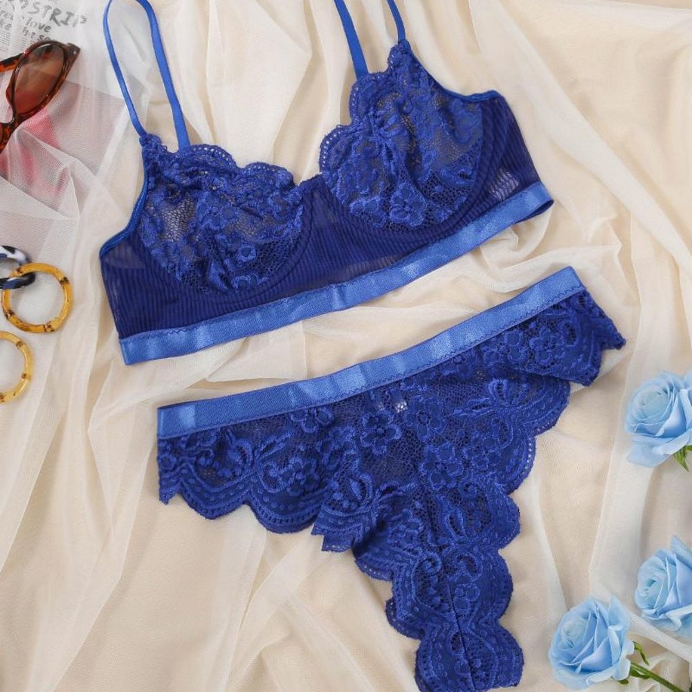 Electric Blue Floral Crochet 2 Pc Lingerie Set